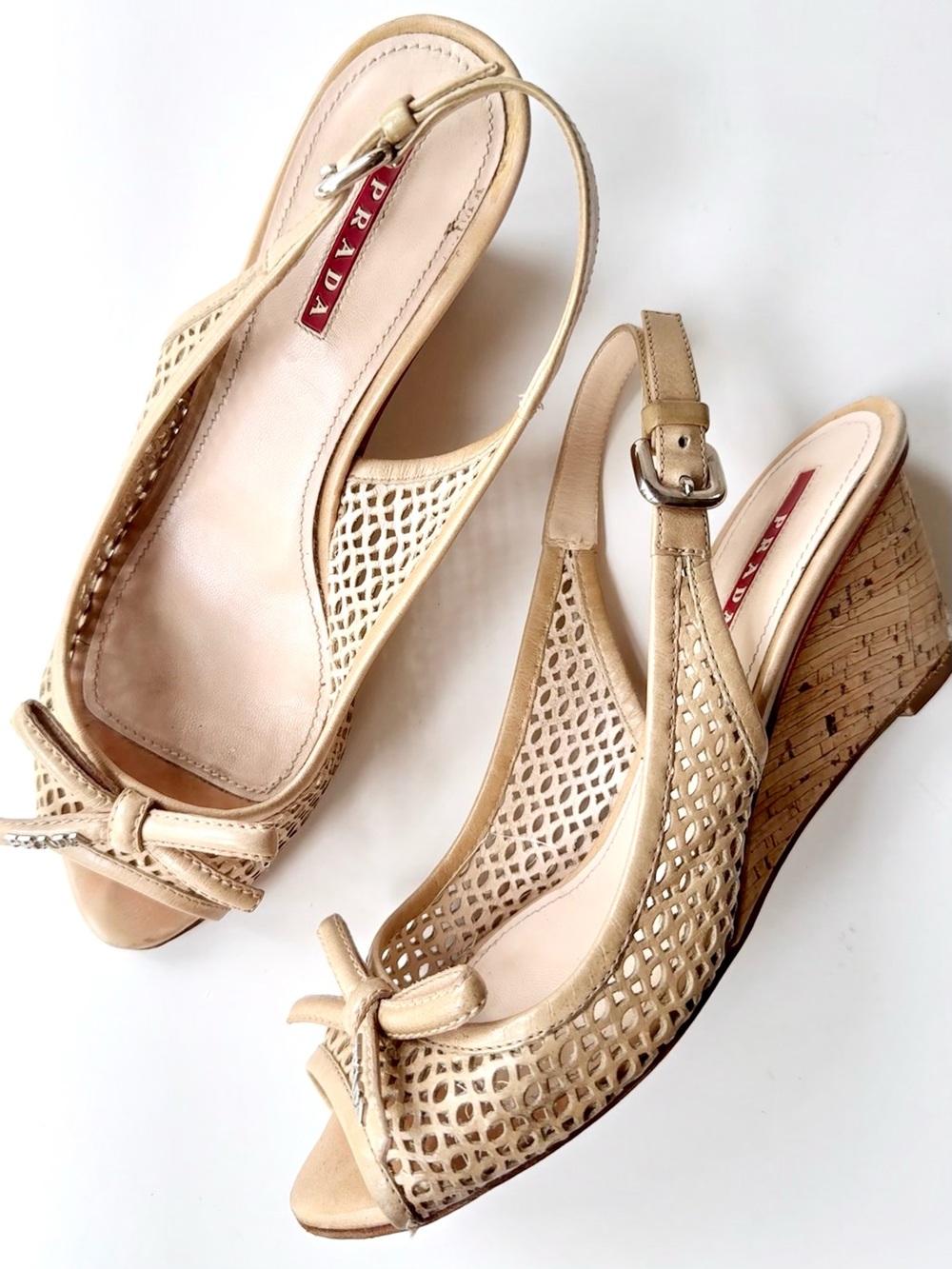 Prada Nude / Tan Perforated Leather Peep Toe Cork Wedge Bow Sandals Size 37